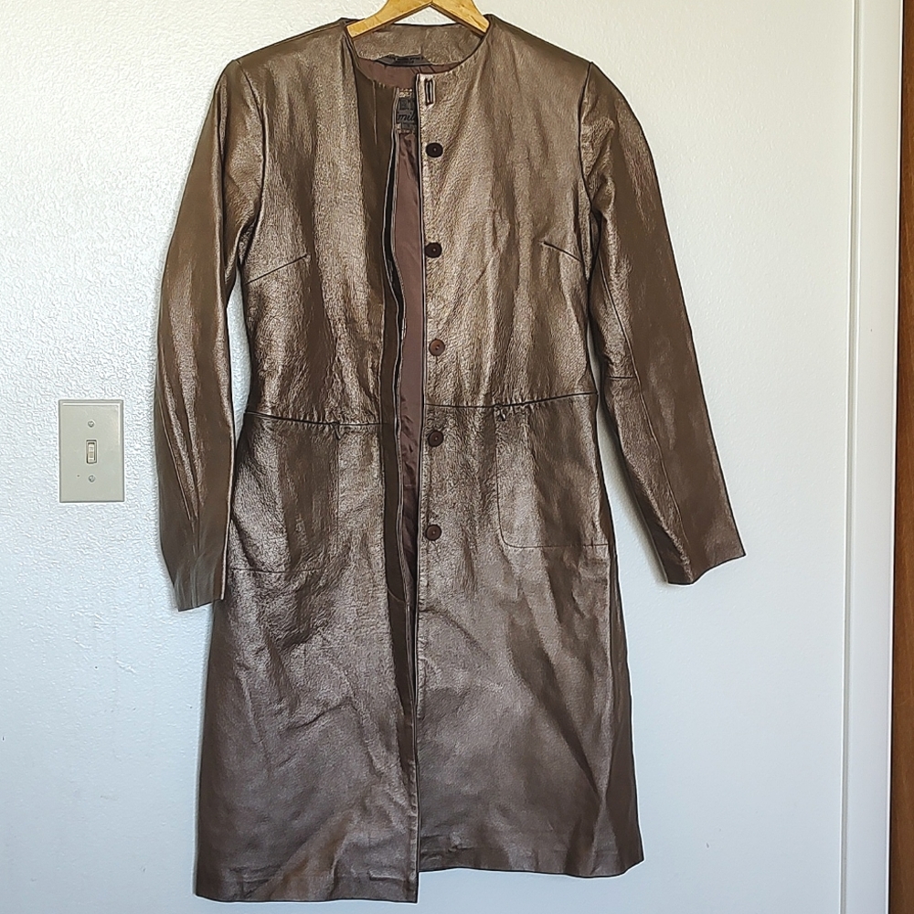 SOLD Vtg leather metallic brown trench jacket